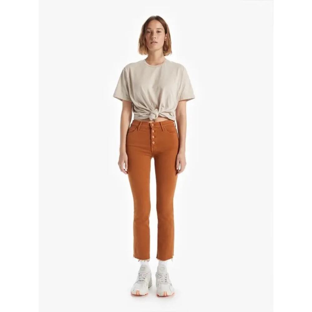 Mother Pixie Insider Ankle Fray Jeans in Play Date 27 Brown Button Fly Stretch